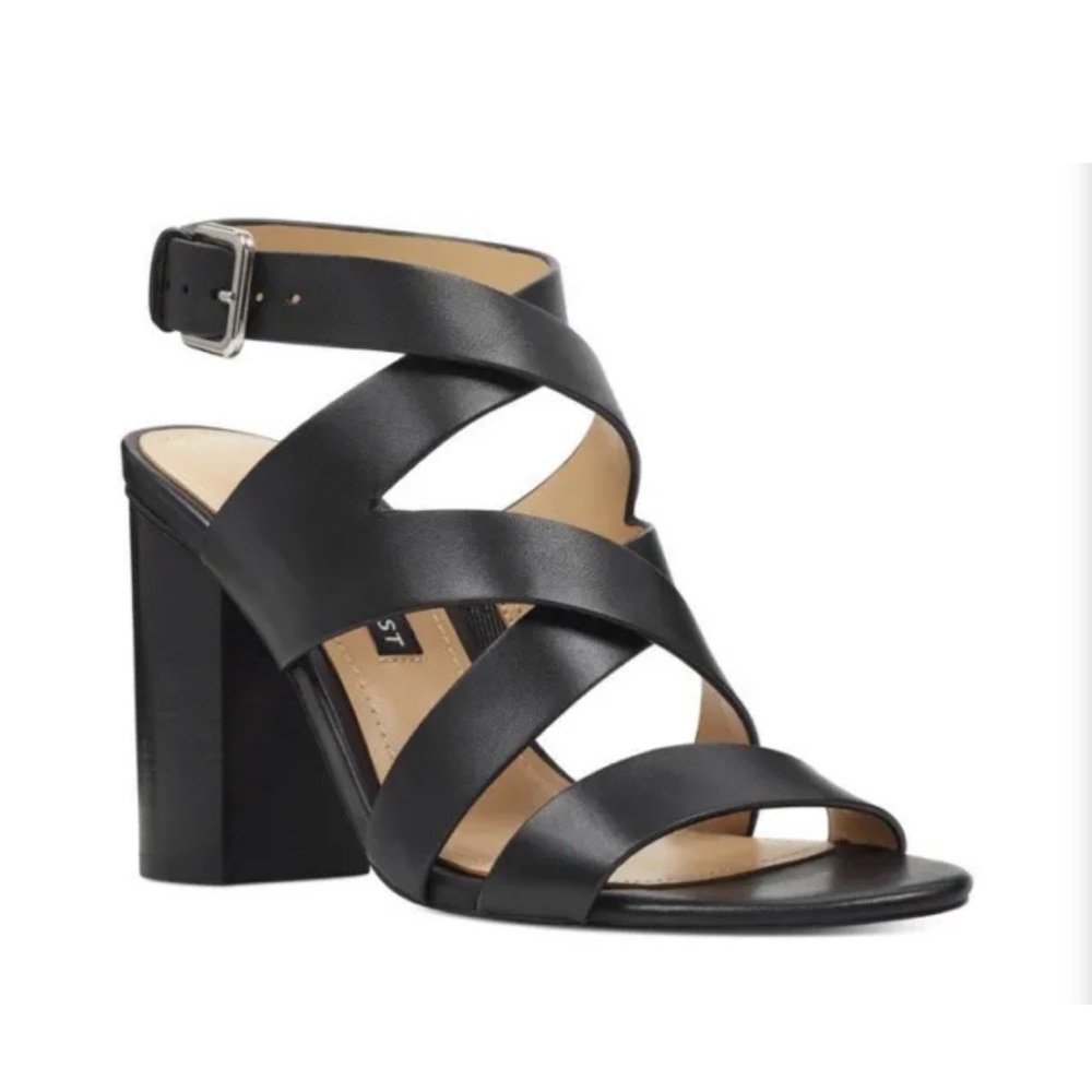 NINE WEST Sophia Blk Leather Block Heel Sandals 9.5 W
